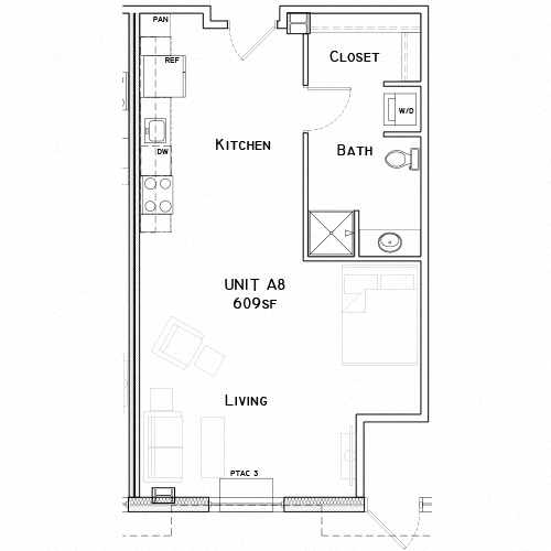 Floor plan for studio, 1 bath, 609 sqft